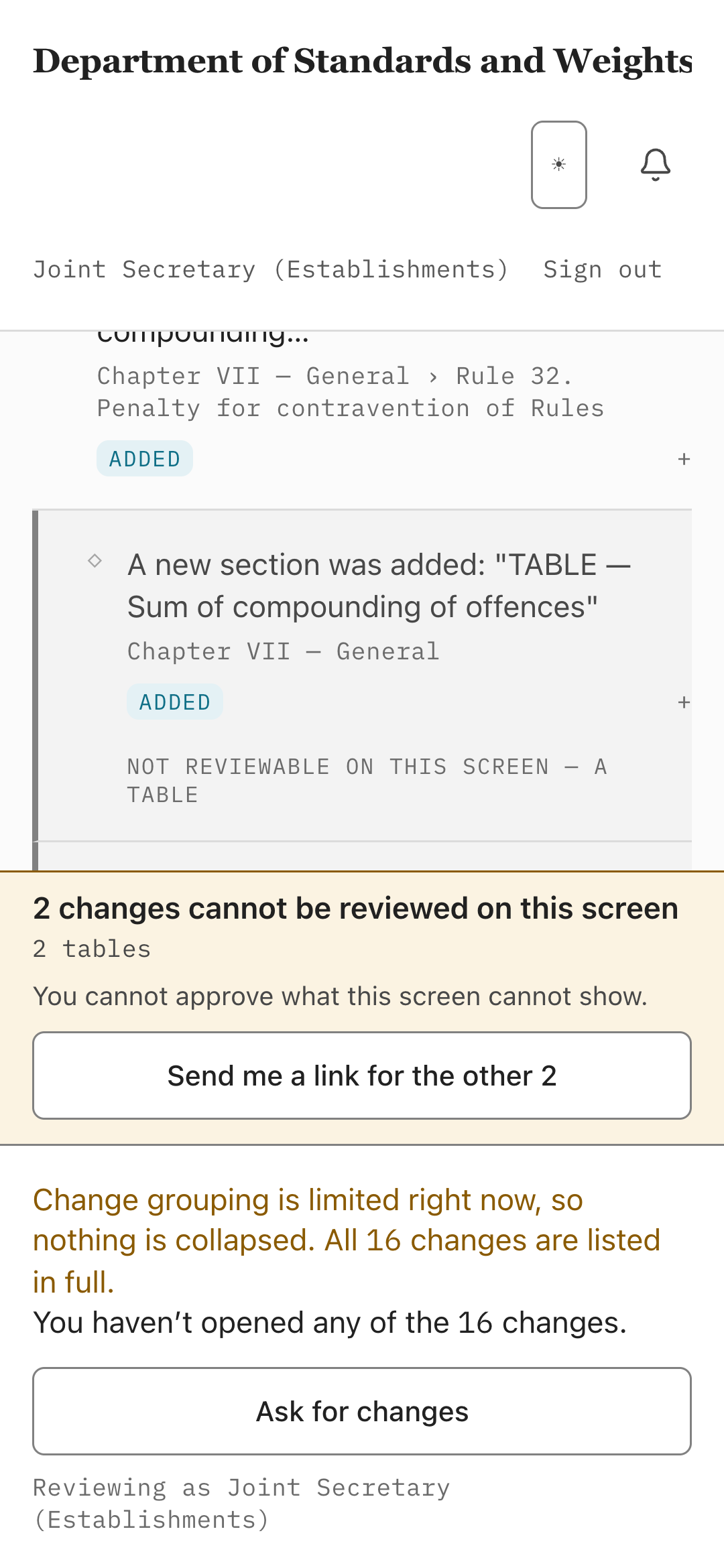 A proposal under review on a phone, signed in as Joint Secretary (Establishments). One change in the list is set on a tinted panel with a heavy left bar: a new section was added, a table for the sum of compounding of offences, labelled "not reviewable on this screen — a table". Below it a strip reads: 2 changes cannot be reviewed on this screen, 2 tables, you cannot approve what this screen cannot show, with a button to send a link for the other 2. The action bar beneath offers only "ask for changes"; there is no approve control.