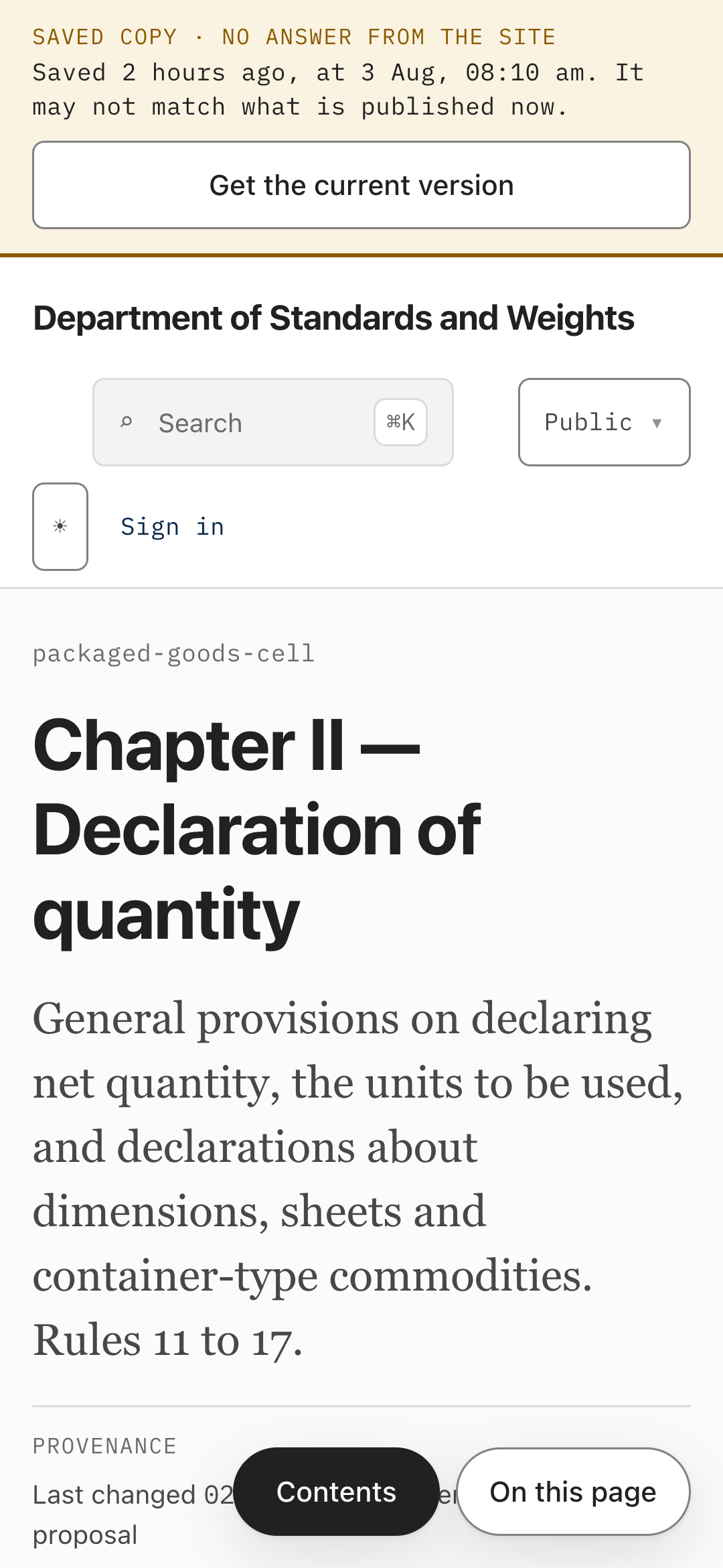 A rules chapter on a narrow phone screen with a banded strip above the department's name. The strip is headed "saved copy · no answer from the site" and reads: saved 2 hours ago, at 3 Aug, 08:09 am — it may not match what is published now. Under it sits a single button offering to get the current version. The chapter below is complete and readable: Chapter II, Declaration of quantity, its summary, and the start of its provenance line.